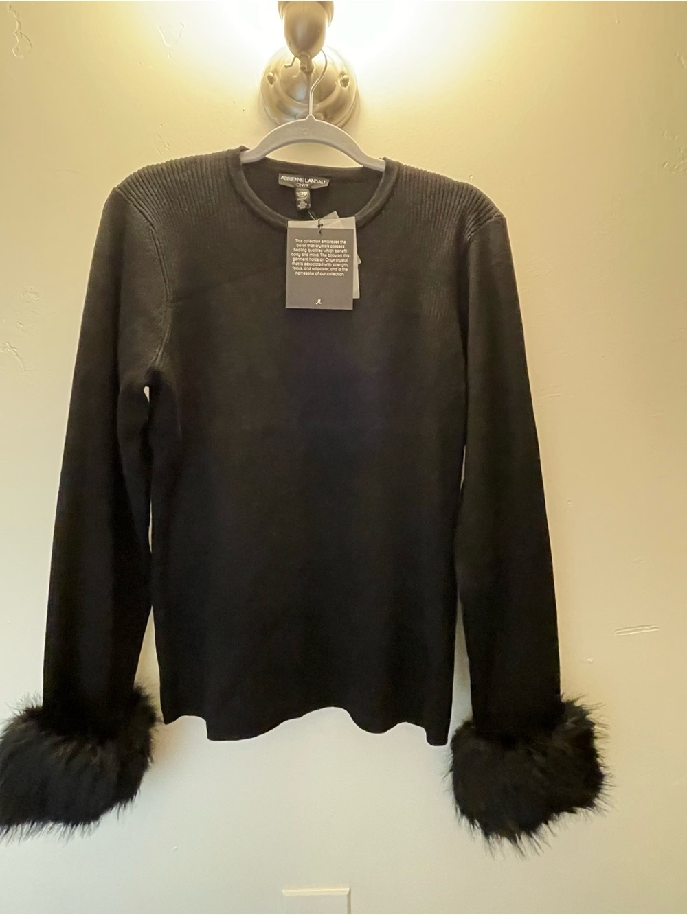 Adrienne Landau Onyx Black Ribbed Knit Top with Tag with luxe soft Fur cuffs